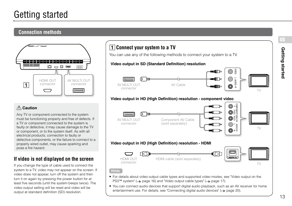 Getting started, Connection methods, Us if video is not displayed on the screen | Connect your system to a tv | Sony PlayStation 3 (Uncharted: Drake's Fortune Limited Edition Bundle) User Manual | Page 13 / 120