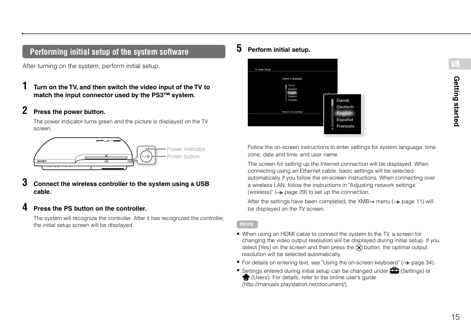 Performing initial setup of the system software | Sony PlayStation 3 (Uncharted: Drake's Fortune Limited Edition Bundle) User Manual | Page 15 / 120