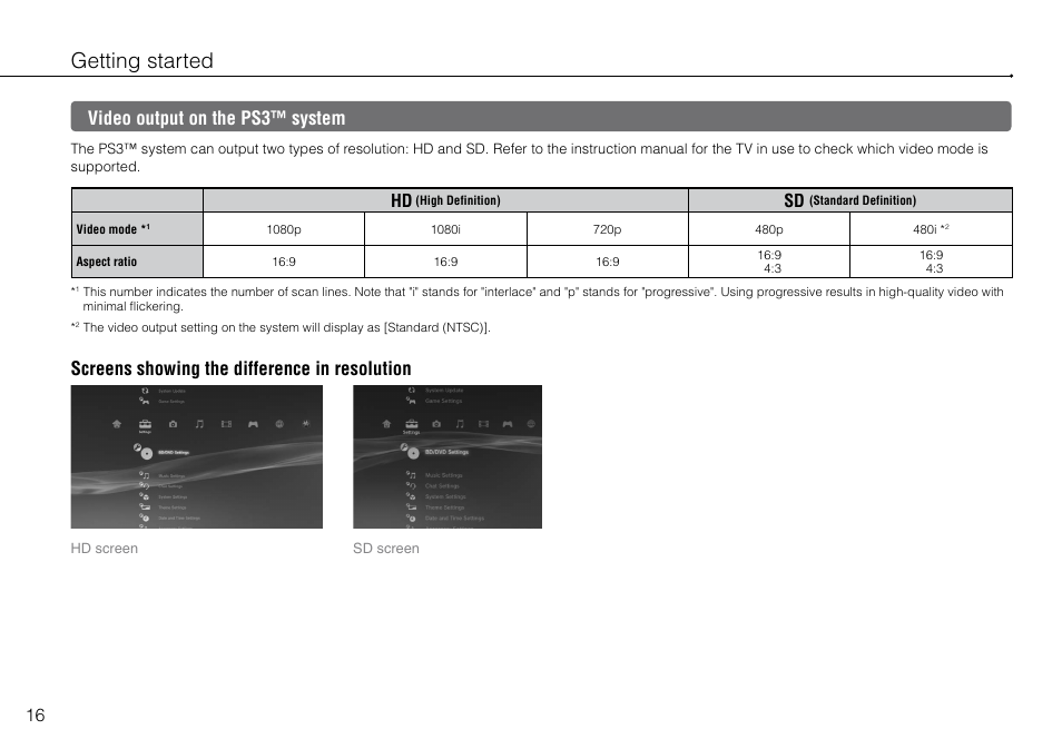 Video output on the ps3™ system, Getting started, Screens showing the difference in resolution | Sony PlayStation 3 (Uncharted: Drake's Fortune Limited Edition Bundle) User Manual | Page 16 / 120