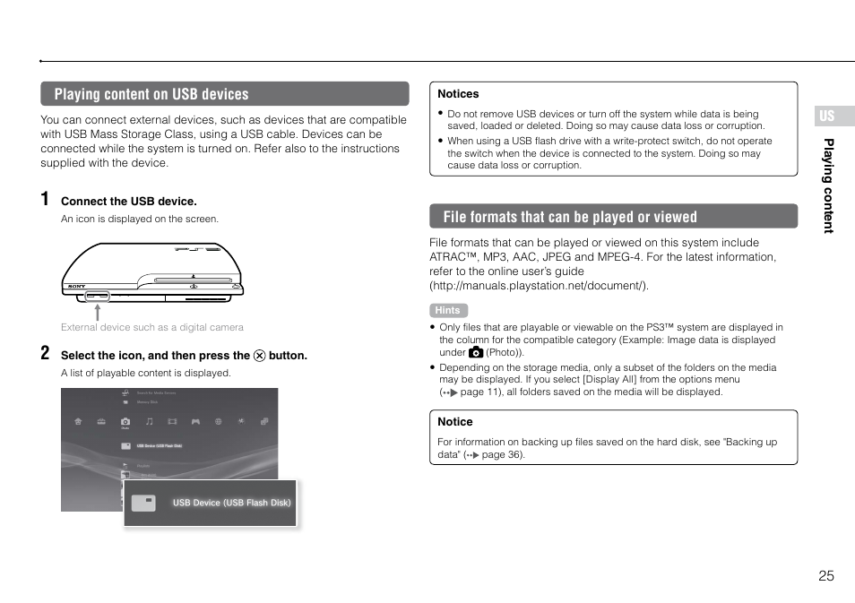 Playing content on usb devices, File formats that can be played or viewed, Us playing content on usb devices | Sony PlayStation 3 (Uncharted: Drake's Fortune Limited Edition Bundle) User Manual | Page 25 / 120