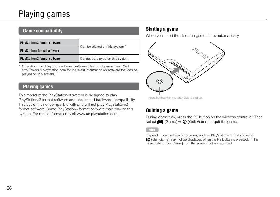 Playing games, Game compatibility, Starting a game | Quitting a game | Sony PlayStation 3 (Uncharted: Drake's Fortune Limited Edition Bundle) User Manual | Page 26 / 120