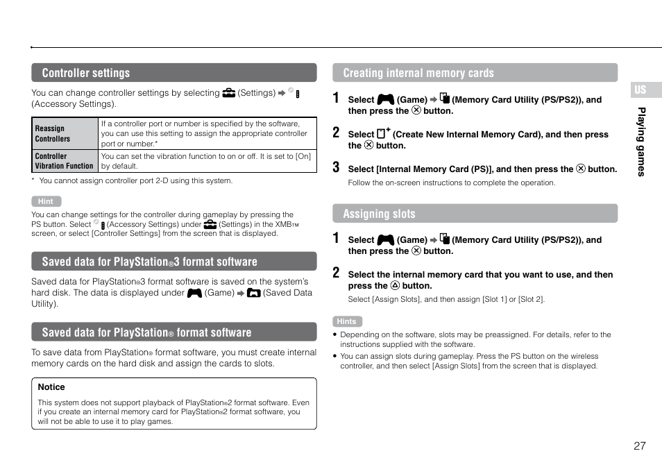 Controller settings, Saved data for playstation, 3 format software | Format software, Us controller settings, Assigning slots | Sony PlayStation 3 (Uncharted: Drake's Fortune Limited Edition Bundle) User Manual | Page 27 / 120