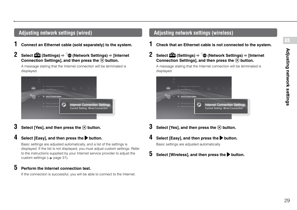 Adjusting network settings (wired), Adjusting network settings (wireless) | Sony PlayStation 3 (Uncharted: Drake's Fortune Limited Edition Bundle) User Manual | Page 29 / 120