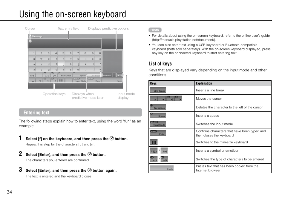 Using the on-screen keyboard, Entering text, List of keys | Sony PlayStation 3 (Uncharted: Drake's Fortune Limited Edition Bundle) User Manual | Page 34 / 120