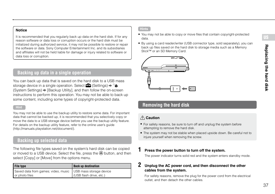 Removing the hard disk, Backing up data in a single operation, Backing up selected data | Sony PlayStation 3 (Uncharted: Drake's Fortune Limited Edition Bundle) User Manual | Page 37 / 120