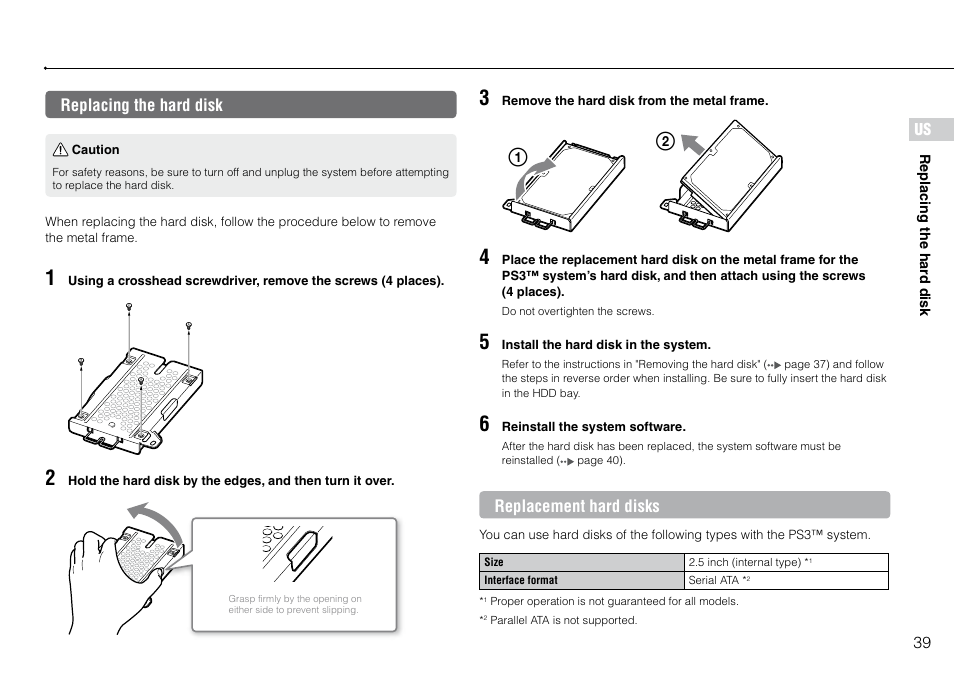 Replacing the hard disk | Sony PlayStation 3 (Uncharted: Drake's Fortune Limited Edition Bundle) User Manual | Page 39 / 120