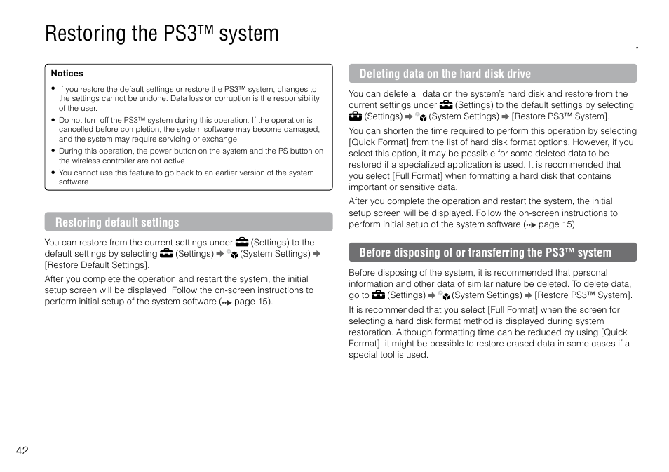 Restoring the ps3™ system | Sony PlayStation 3 (Uncharted: Drake's Fortune Limited Edition Bundle) User Manual | Page 42 / 120