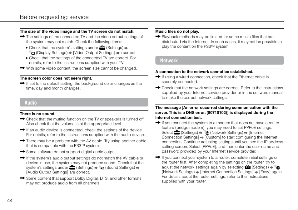 Before requesting service, Audio, Network | Sony PlayStation 3 (Uncharted: Drake's Fortune Limited Edition Bundle) User Manual | Page 44 / 120