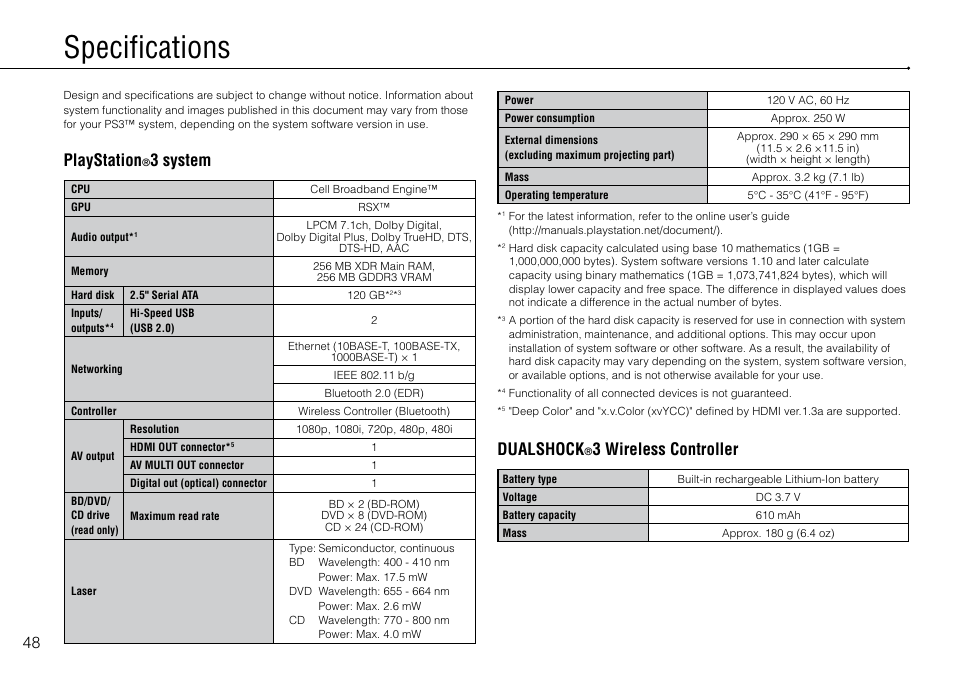 Specifications, Playstation, 3 system | Dualshock, 3 wireless controller | Sony PlayStation 3 (Uncharted: Drake's Fortune Limited Edition Bundle) User Manual | Page 48 / 120