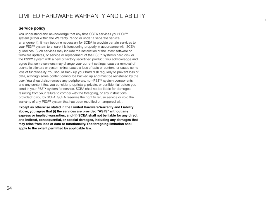 Limited hardware warranty and liability | Sony PlayStation 3 (Uncharted: Drake's Fortune Limited Edition Bundle) User Manual | Page 54 / 120