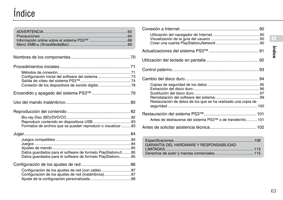 Índice | Sony PlayStation 3 (Uncharted: Drake's Fortune Limited Edition Bundle) User Manual | Page 63 / 120