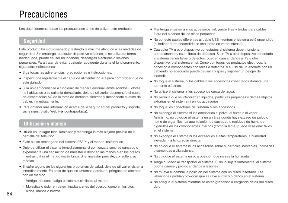 Precauciones, Seguridad, Utilización y manejo | Sony PlayStation 3 (Uncharted: Drake's Fortune Limited Edition Bundle) User Manual | Page 64 / 120