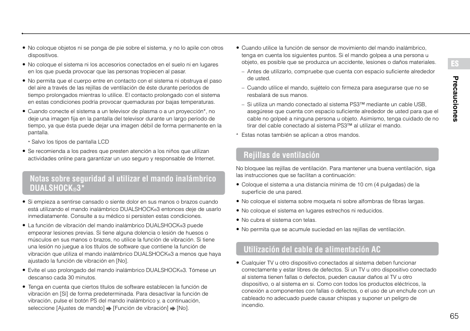 65 es, Rejillas de ventilación, Utilización del cable de alimentación ac | Sony PlayStation 3 (Uncharted: Drake's Fortune Limited Edition Bundle) User Manual | Page 65 / 120