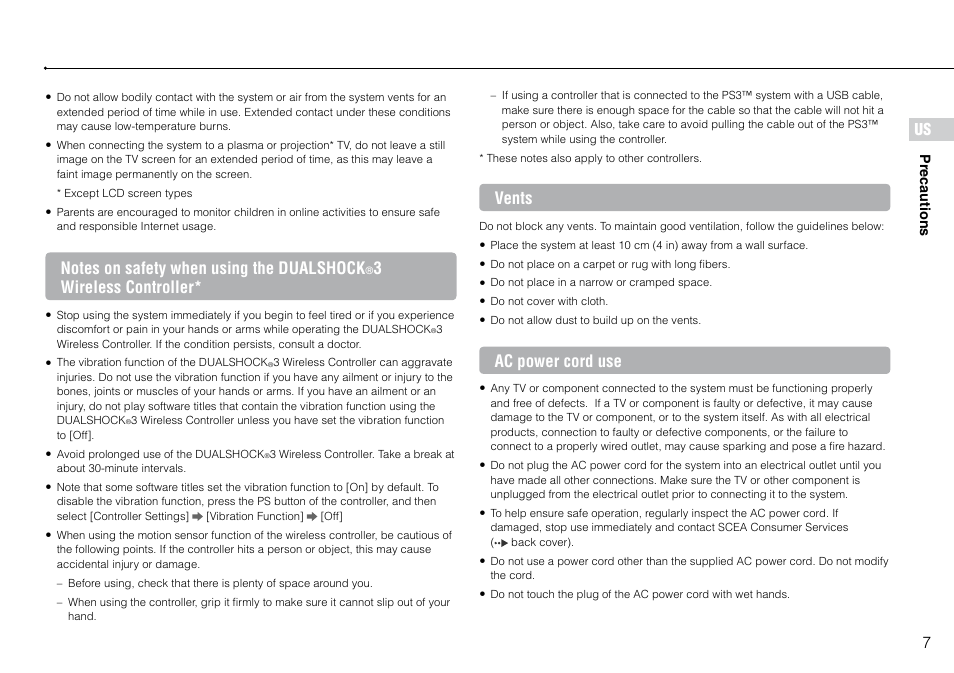 3wireless controller, Vents, Ac power cord use | Sony PlayStation 3 (Uncharted: Drake's Fortune Limited Edition Bundle) User Manual | Page 7 / 120