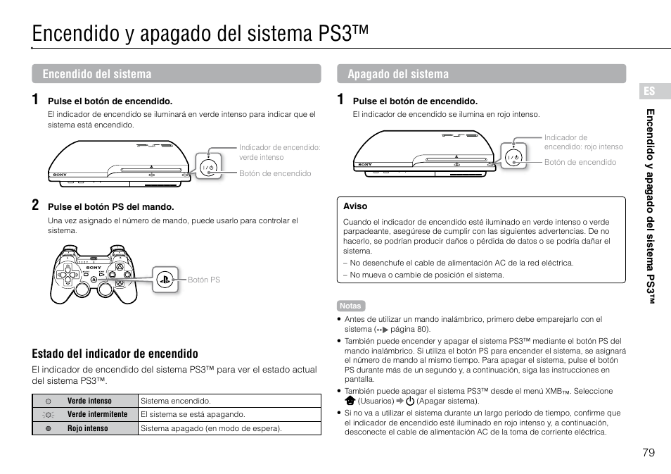 Encendido.y.apagado.del.sistema.ps3, Encendido y apagado del sistema ps3 | Sony PlayStation 3 (Uncharted: Drake's Fortune Limited Edition Bundle) User Manual | Page 79 / 120