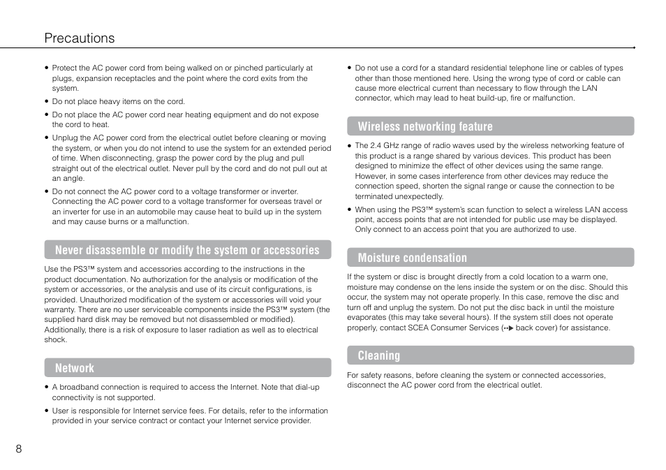 Precautions, Network, Wireless networking feature | Moisture condensation, Cleaning | Sony PlayStation 3 (Uncharted: Drake's Fortune Limited Edition Bundle) User Manual | Page 8 / 120