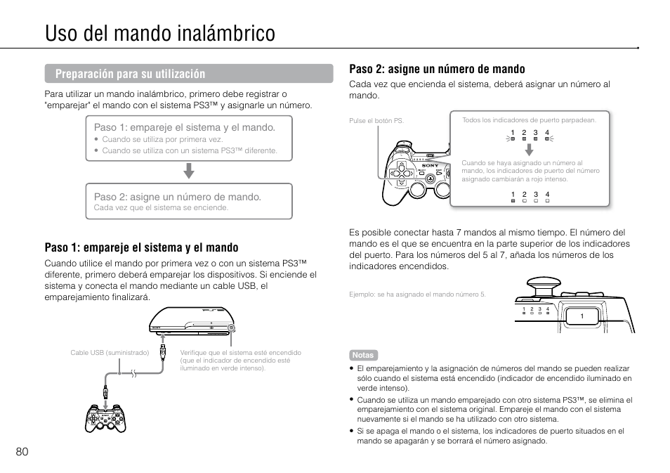 Uso.del.mando.inalámbrico, Uso del mando inalámbrico, Preparación para su utilización | Paso 1: empareje el sistema y el mando, Paso 2: asigne un número de mando | Sony PlayStation 3 (Uncharted: Drake's Fortune Limited Edition Bundle) User Manual | Page 80 / 120