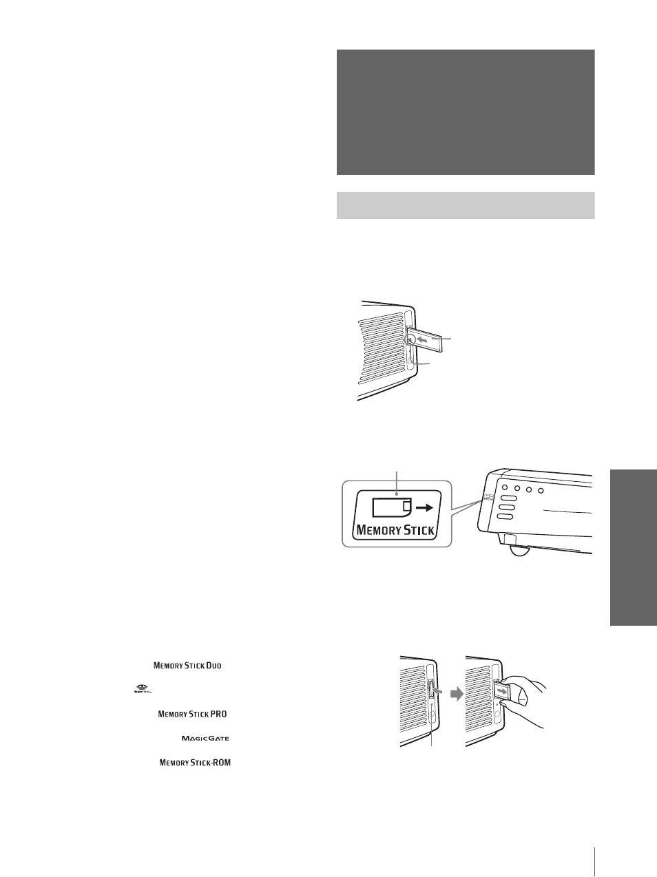 Insertar un “memory stick, Uso de un “m em or y stic k | Sony Cineza VPL-HS20 User Manual | Page 199 / 240