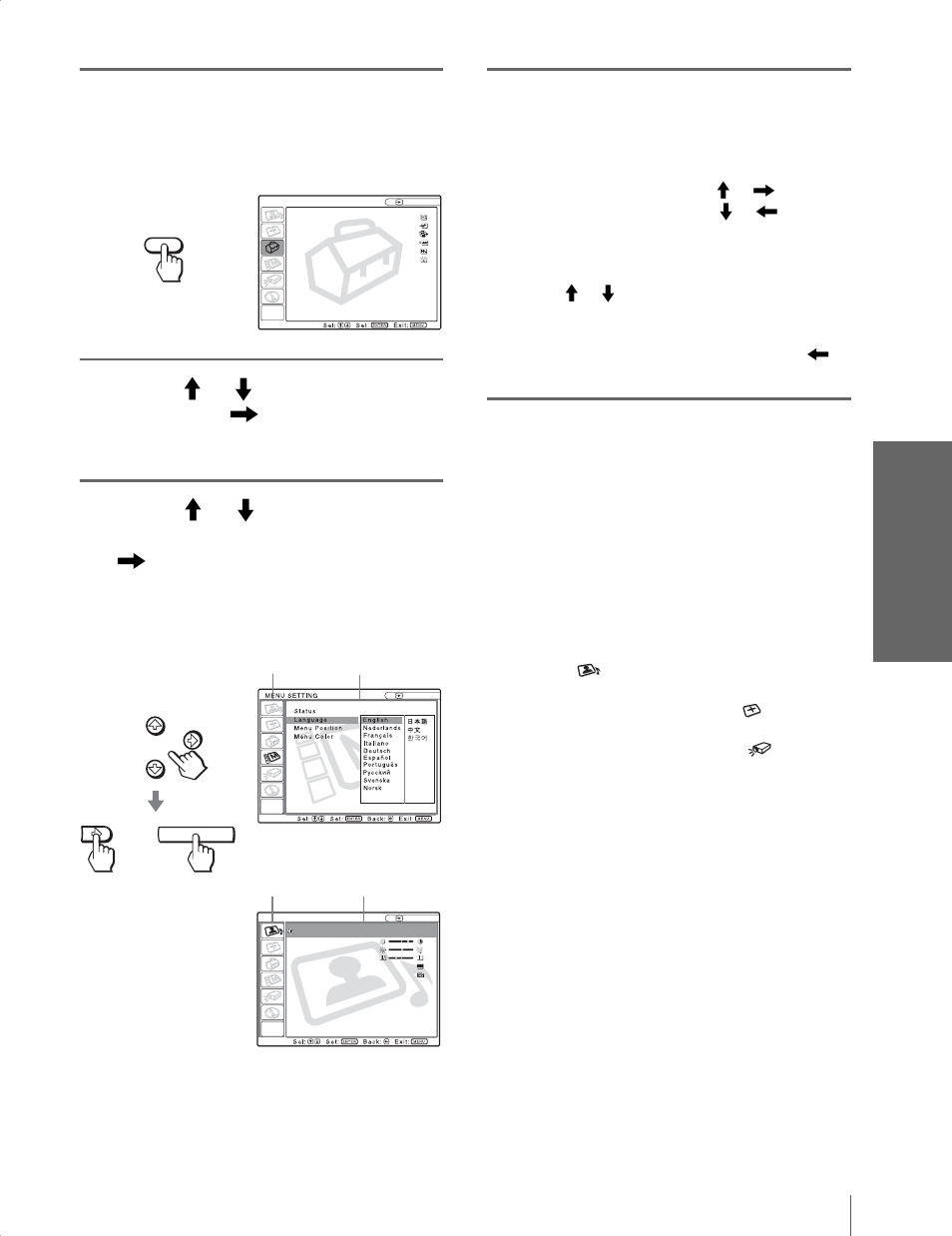 Press menu, Make the setting or adjustment on an item, Us ing the men u s | Sony Cineza VPL-HS20 User Manual | Page 31 / 240