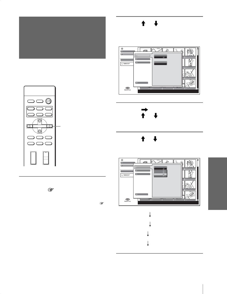 Sorting the pictures, Press m or m to select “option,” and press enter | Sony Cineza VPL-HS20 User Manual | Page 55 / 240