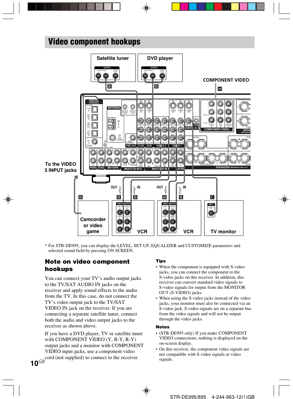 Video component hookups, Component video, Tips | Sony STR-DE895 User Manual | Page 10 / 76