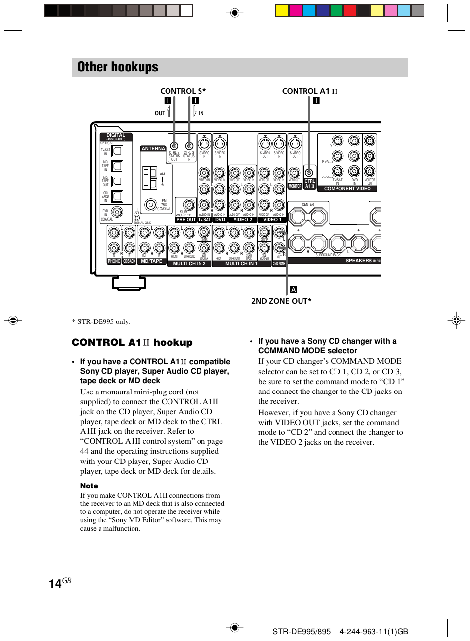 Other hookups, Control a1 hookup, 2nd zone out* control a1 control s | Sony STR-DE895 User Manual | Page 14 / 76
