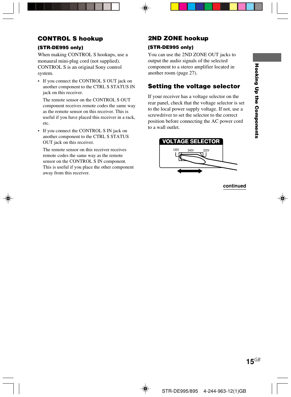 Control s hookup, 2nd zone hookup, Setting the voltage selector | Sony STR-DE895 User Manual | Page 15 / 76