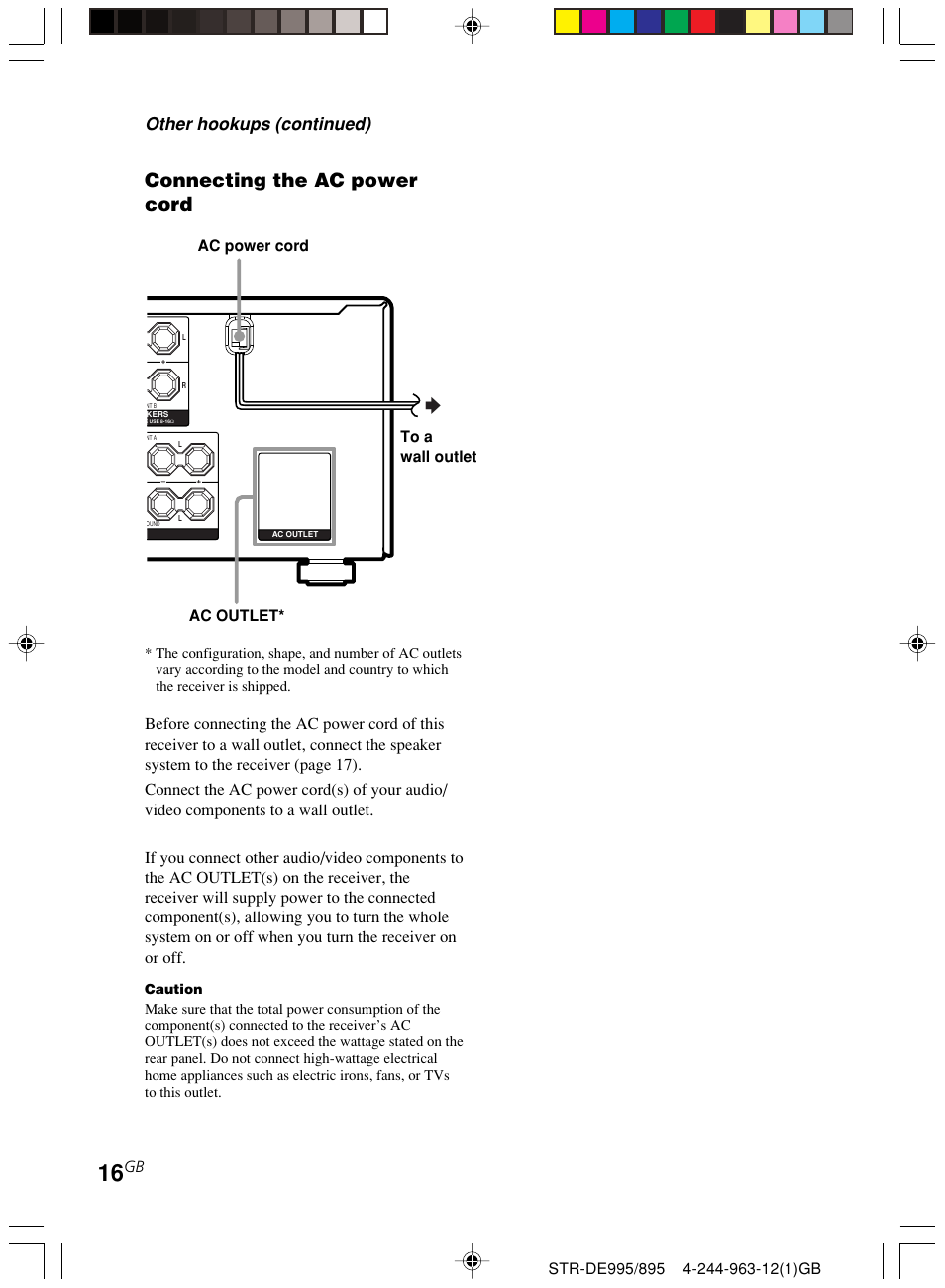 Connecting the ac power cord, Other hookups (continued) | Sony STR-DE895 User Manual | Page 16 / 76