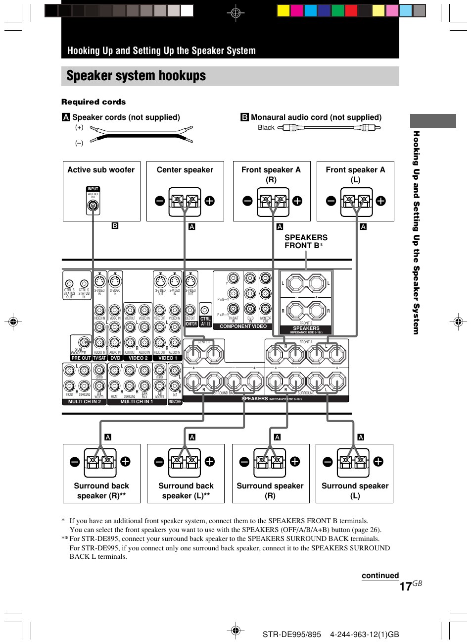 Hooking up and setting up the speaker system, Speaker system hookups, B monaural audio cord (not supplied) | Required cords a speaker cords (not supplied), Speakers front b, Continued | Sony STR-DE895 User Manual | Page 17 / 76