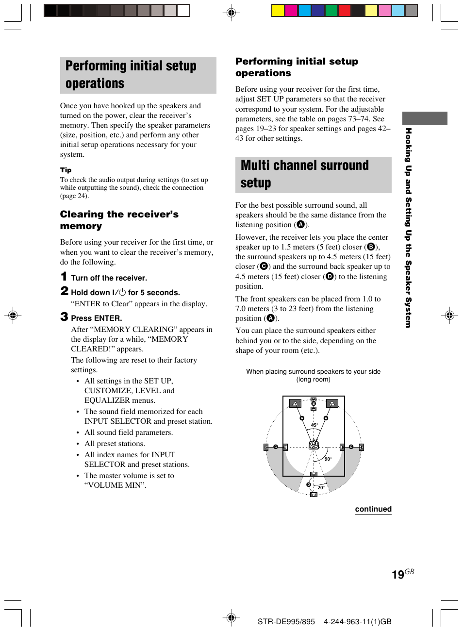 Performing initial setup operations, Multi channel surround setup | Sony STR-DE895 User Manual | Page 19 / 76