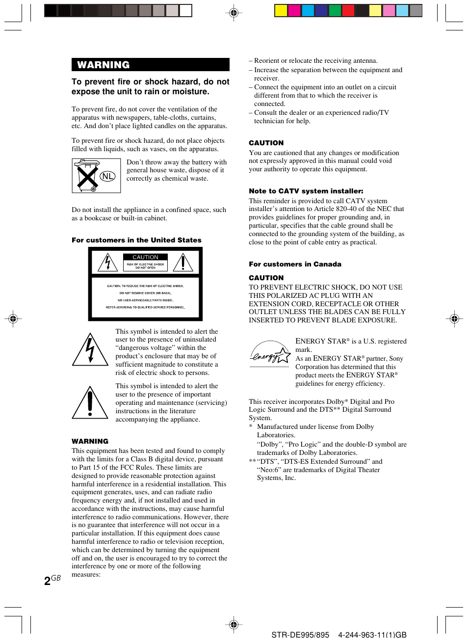 Warning | Sony STR-DE895 User Manual | Page 2 / 76