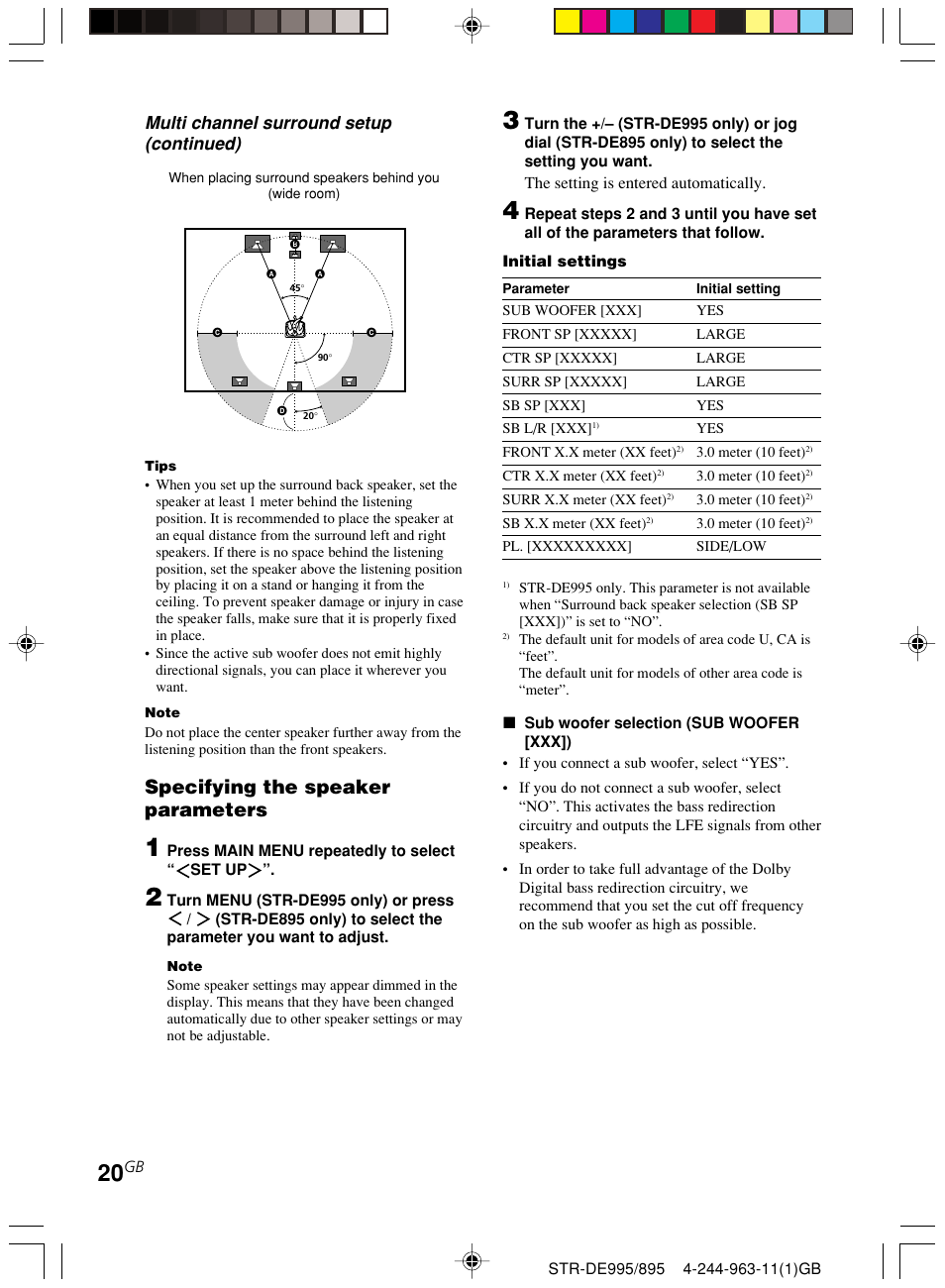 Specifying the speaker parameters, Multi channel surround setup (continued) | Sony STR-DE895 User Manual | Page 20 / 76