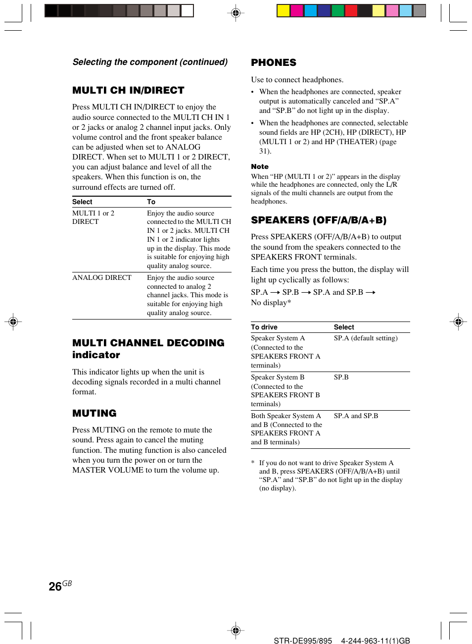 Multi ch in/direct, Multi channel decoding indicator, Muting | Phones, Speakers (off/a/b/a+b) | Sony STR-DE895 User Manual | Page 26 / 76