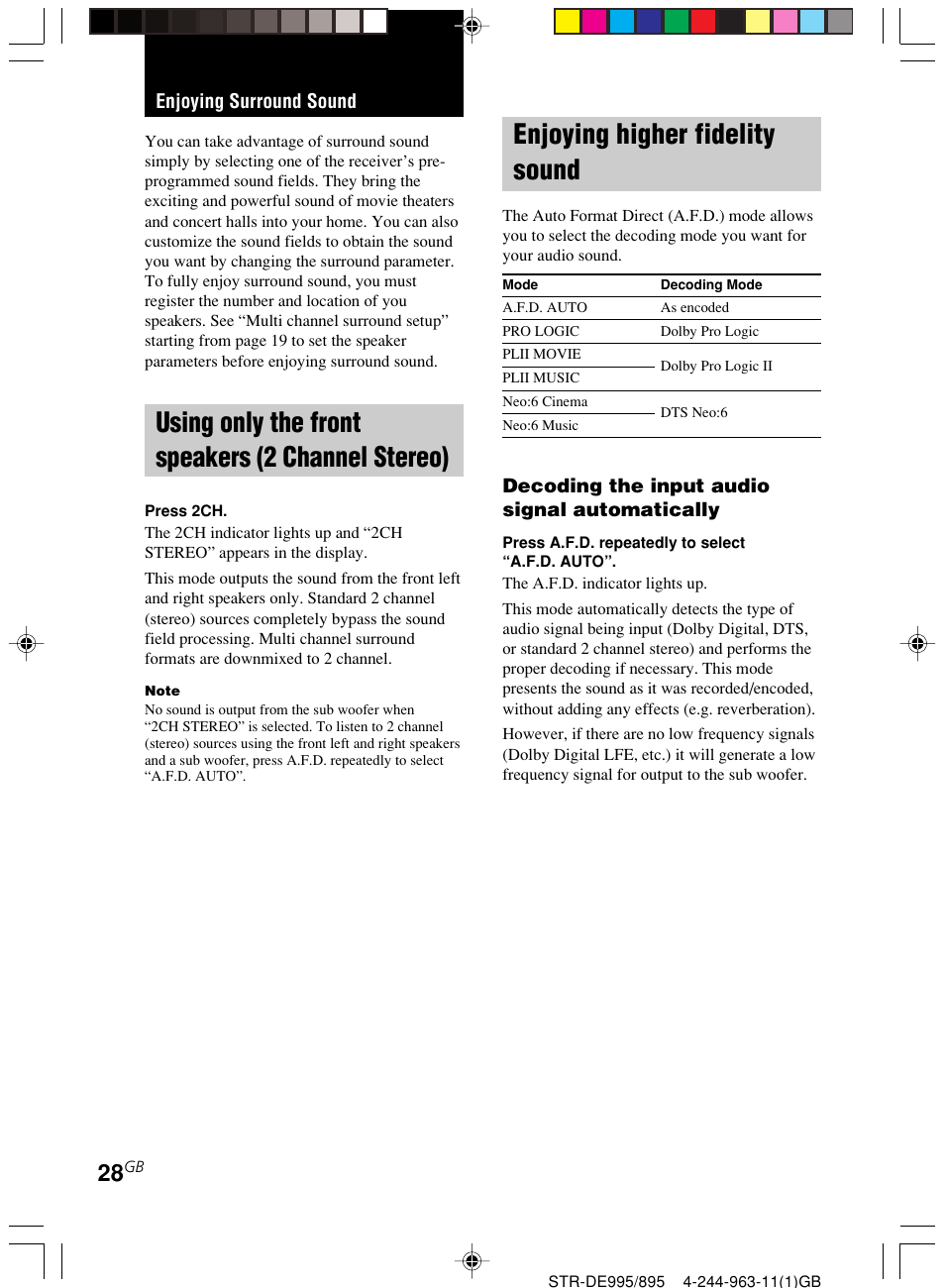 Enjoying surround sound, Using only the front speakers, 2 channel stereo) | Enjoying higher fidelity sound, Using only the front speakers (2 channel stereo) | Sony STR-DE895 User Manual | Page 28 / 76