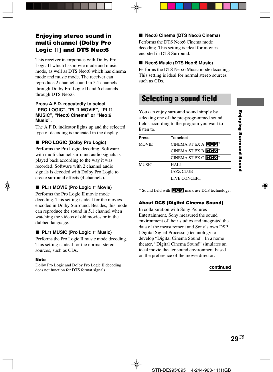 Selecting a sound field | Sony STR-DE895 User Manual | Page 29 / 76