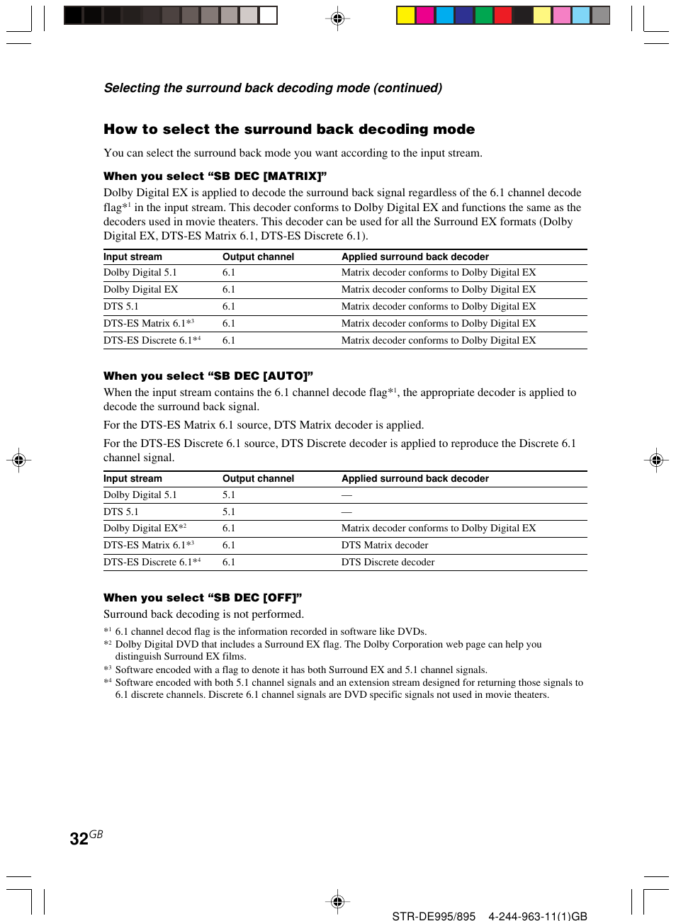 How to select the surround back decoding mode | Sony STR-DE895 User Manual | Page 32 / 76