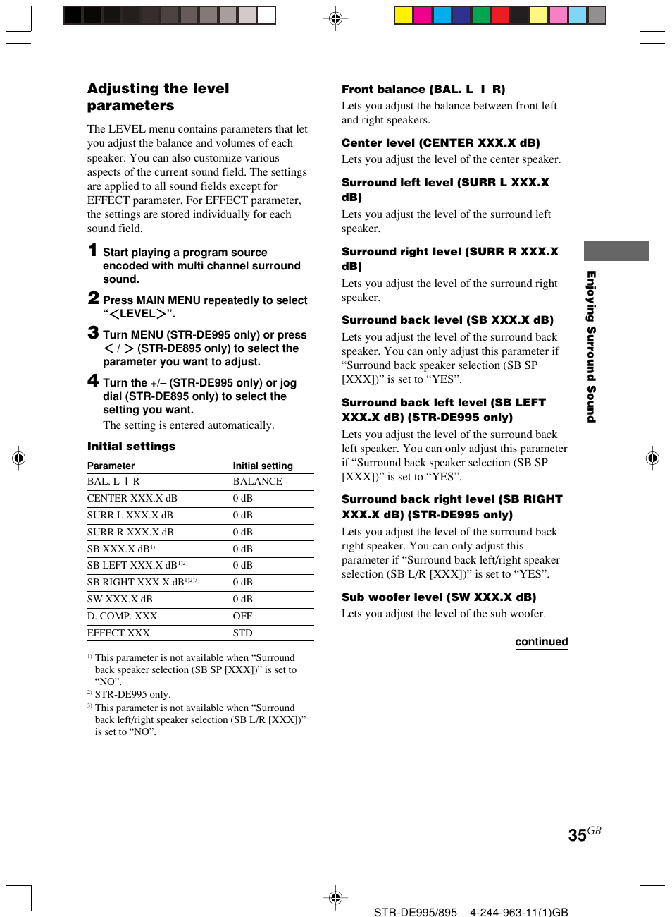 Adjusting the level parameters | Sony STR-DE895 User Manual | Page 35 / 76