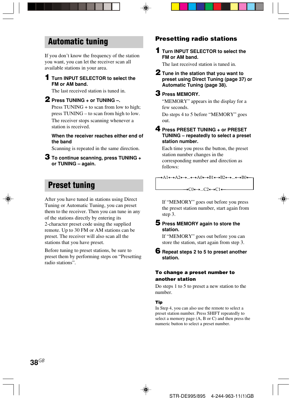 Automatic tuning preset tuning, Automatic tuning, Preset tuning | Sony STR-DE895 User Manual | Page 38 / 76