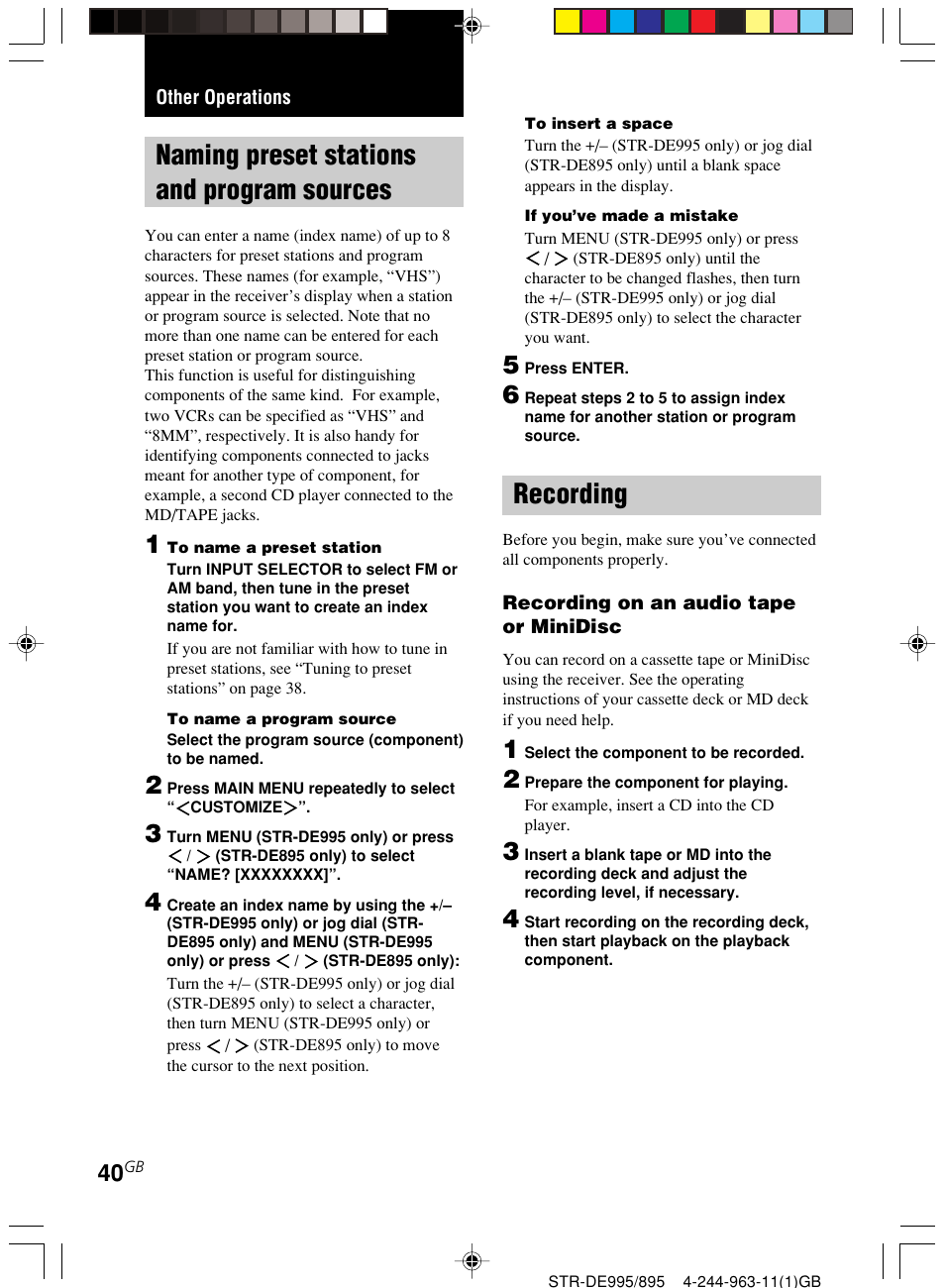 Other operations, Naming preset stations and program, Sources | Recording, Naming preset stations and program sources | Sony STR-DE895 User Manual | Page 40 / 76