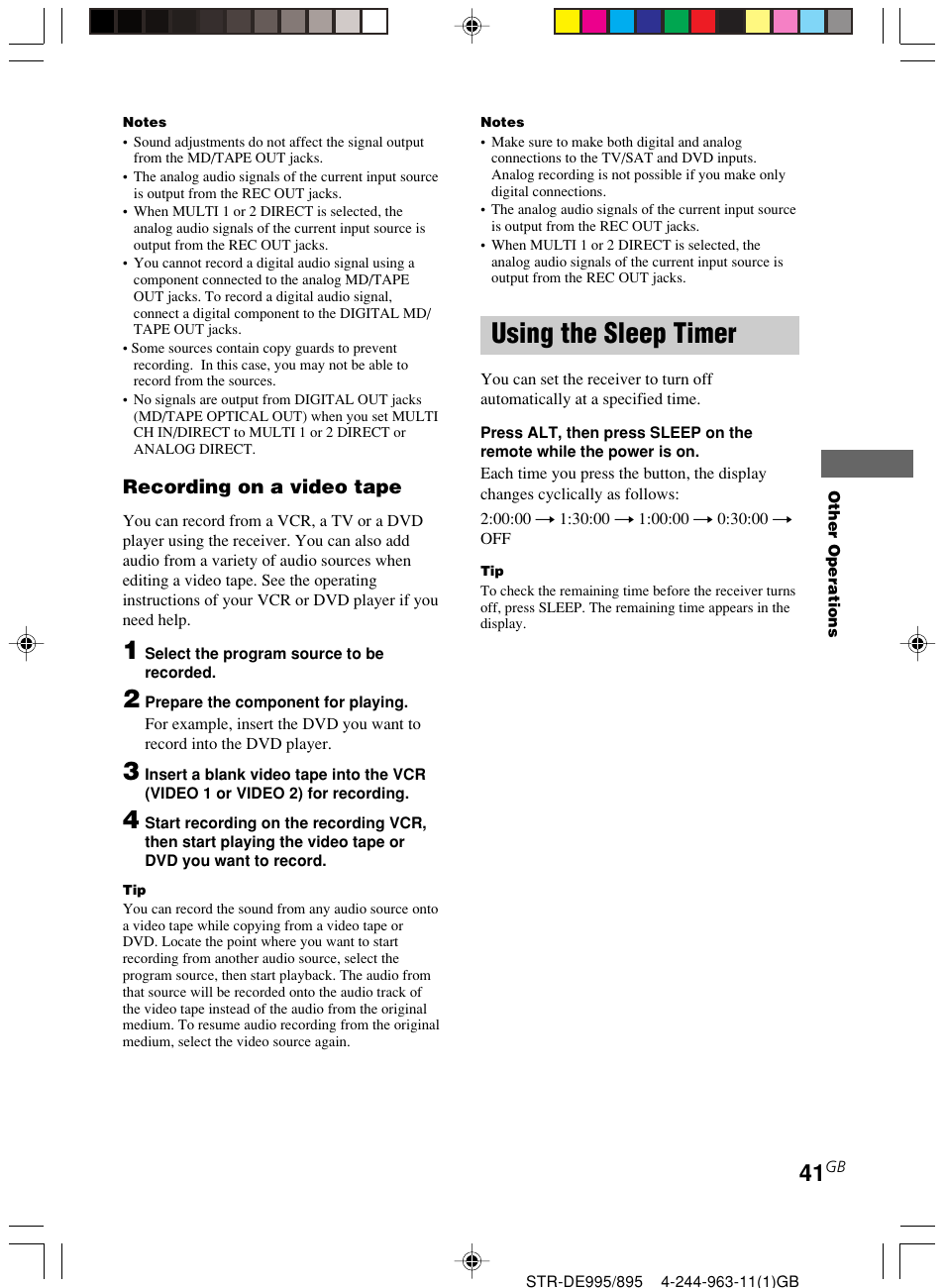 Using the sleep timer | Sony STR-DE895 User Manual | Page 41 / 76