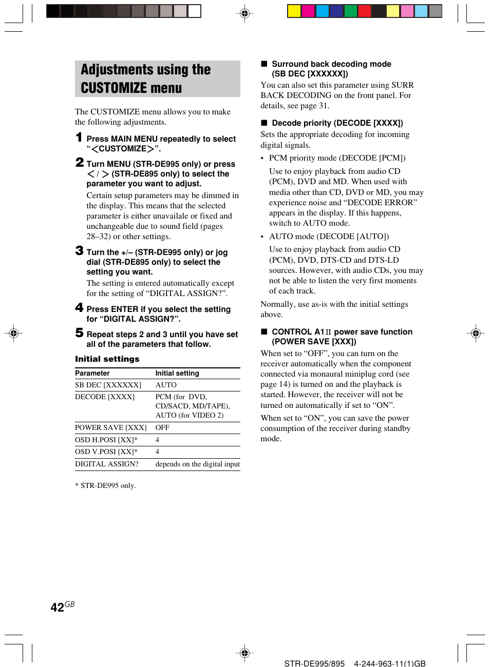 Adjustments using the customize, Menu, Adjustments using the customize menu | Sony STR-DE895 User Manual | Page 42 / 76