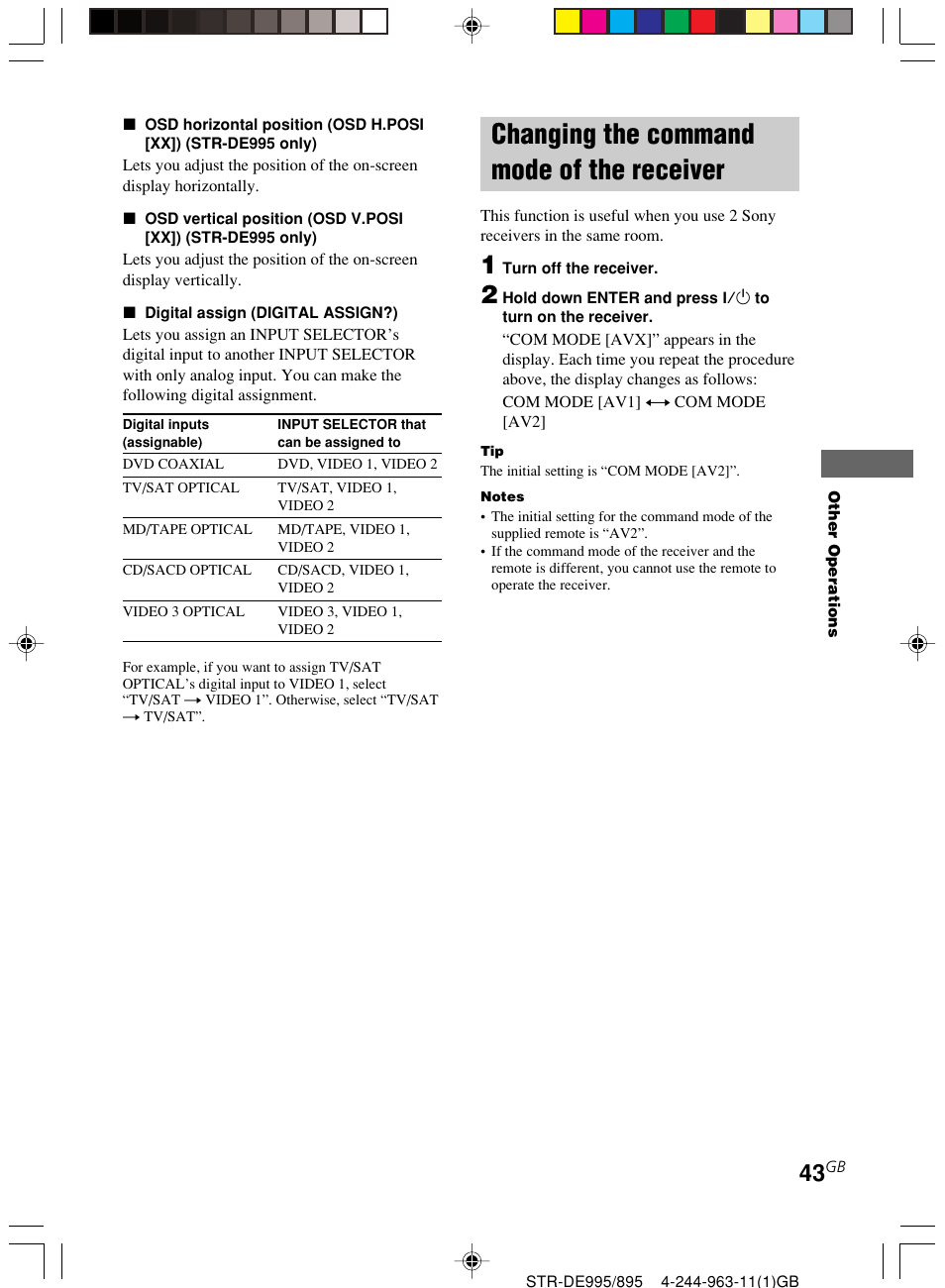 Changing the command mode of the, Receiver, Changing the command mode of the receiver | Sony STR-DE895 User Manual | Page 43 / 76