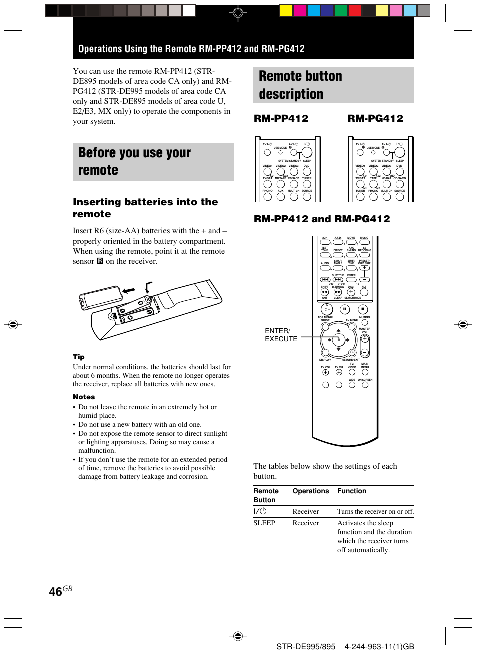 Operations using the remote rm-pp412, And rm-pg412, Before you use your remote | Remote button description, Inserting batteries into the remote, The tables below show the settings of each button, Remote operations function button, Enter/ execute | Sony STR-DE895 User Manual | Page 46 / 76