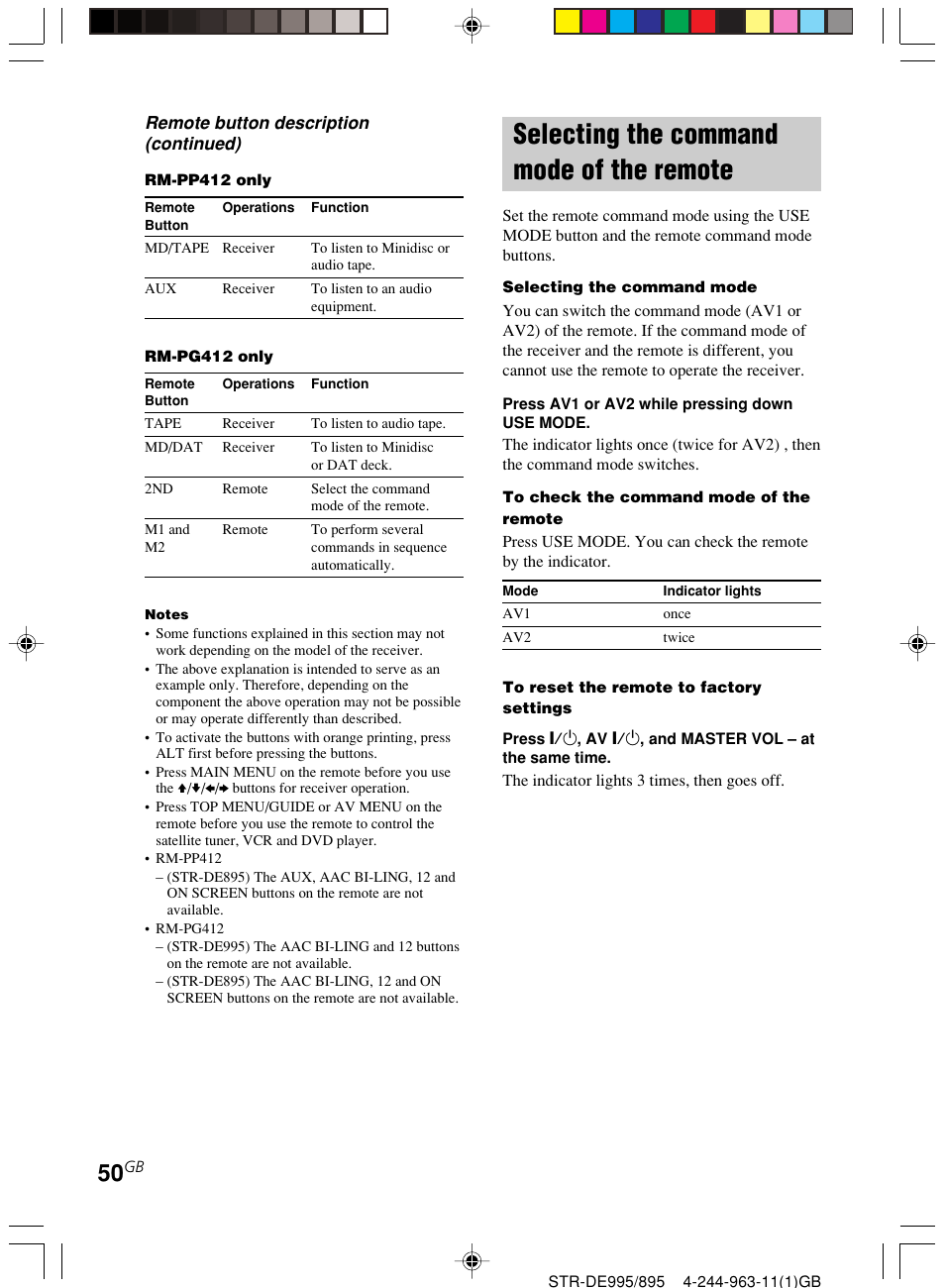 Selecting the command mode of the, Remote, Selecting the command mode of the remote | Remote button description (continued) | Sony STR-DE895 User Manual | Page 50 / 76