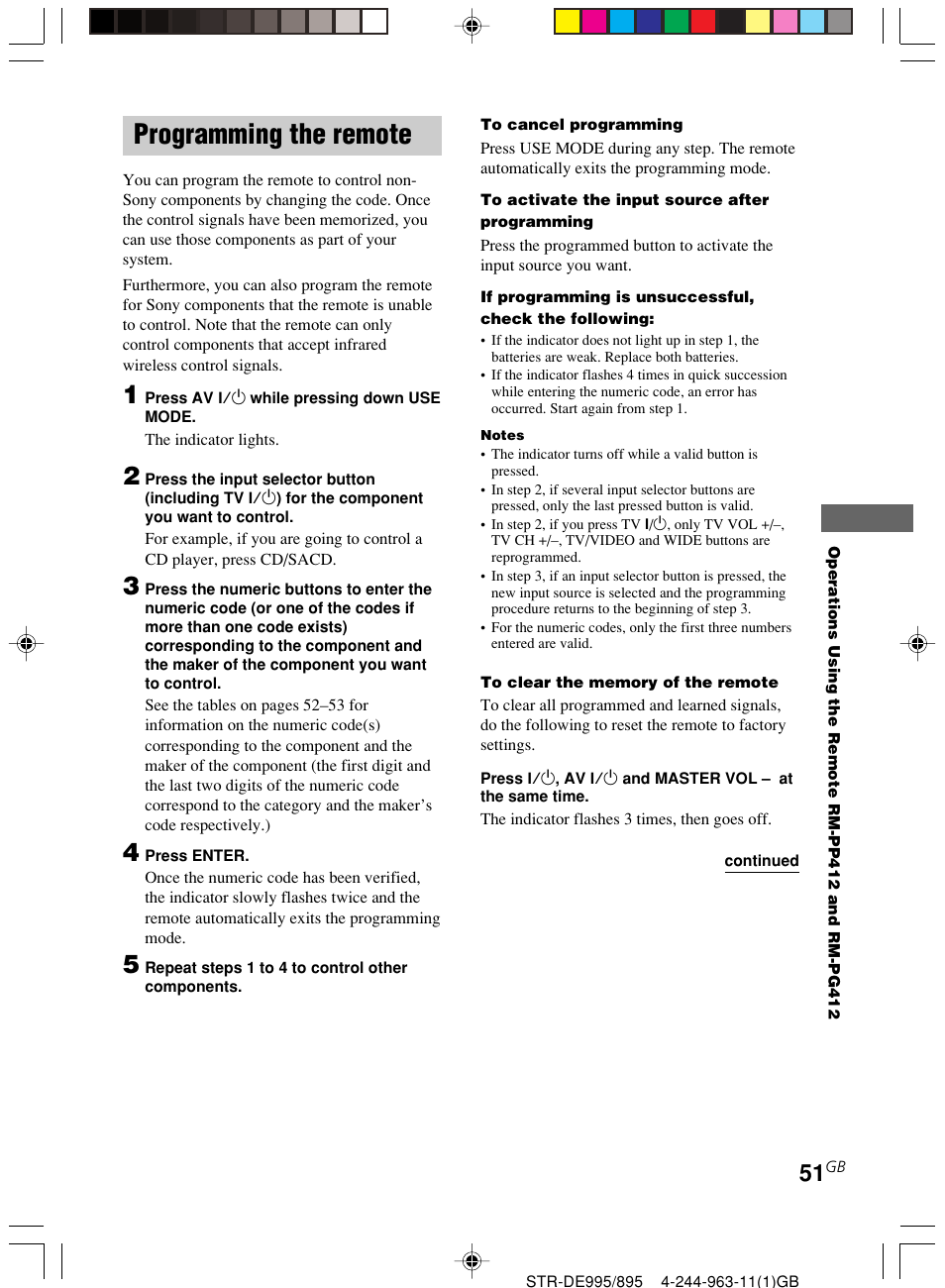 Programming the remote | Sony STR-DE895 User Manual | Page 51 / 76