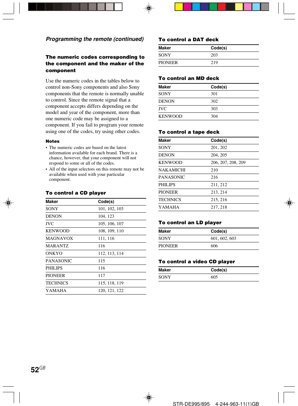 Programming the remote (continued) | Sony STR-DE895 User Manual | Page 52 / 76