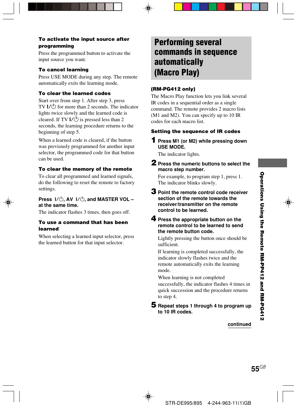 Performing several commands in sequence, Automatically (macro play) | Sony STR-DE895 User Manual | Page 55 / 76