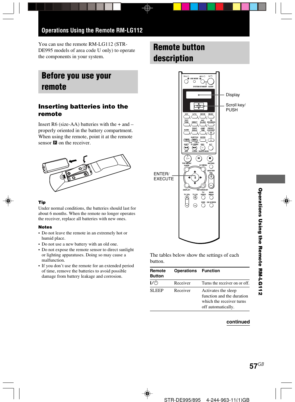 Operations using the remote rm-lg112, Before you use your remote, Remote button description | Inserting batteries into the remote, The tables below show the settings of each button, Continued, Remote operations function button, Enter/ execute, Display scroll key/ push | Sony STR-DE895 User Manual | Page 57 / 76