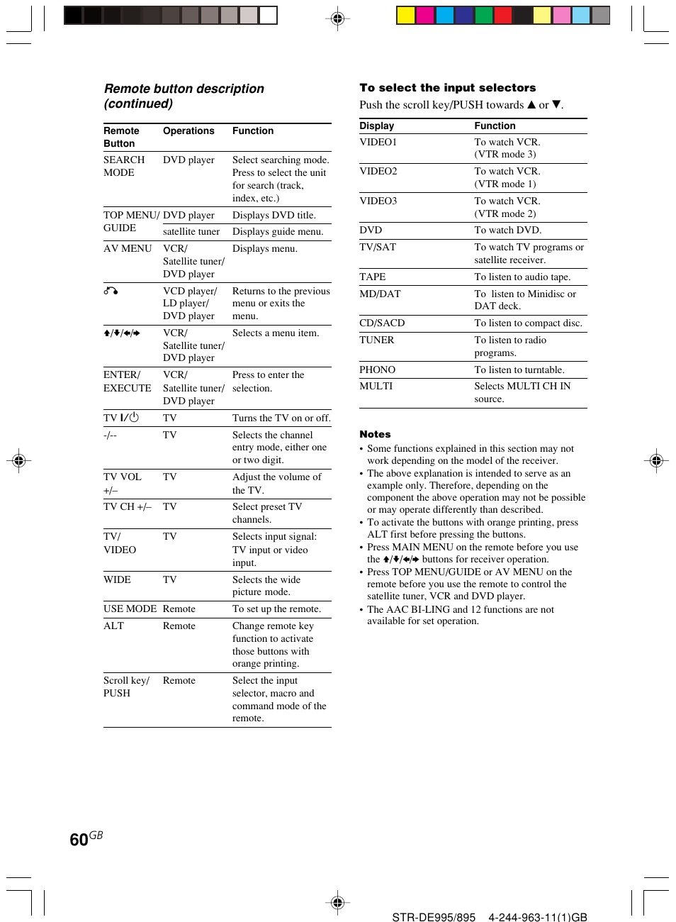 Remote button description (continued) | Sony STR-DE895 User Manual | Page 60 / 76