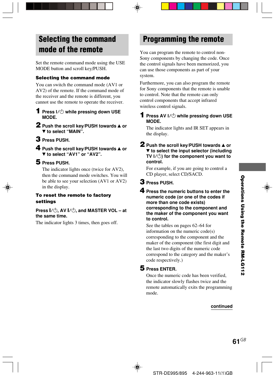 Selecting the command mode of the, Remote, Programming the remote | Selecting the command mode of the remote | Sony STR-DE895 User Manual | Page 61 / 76